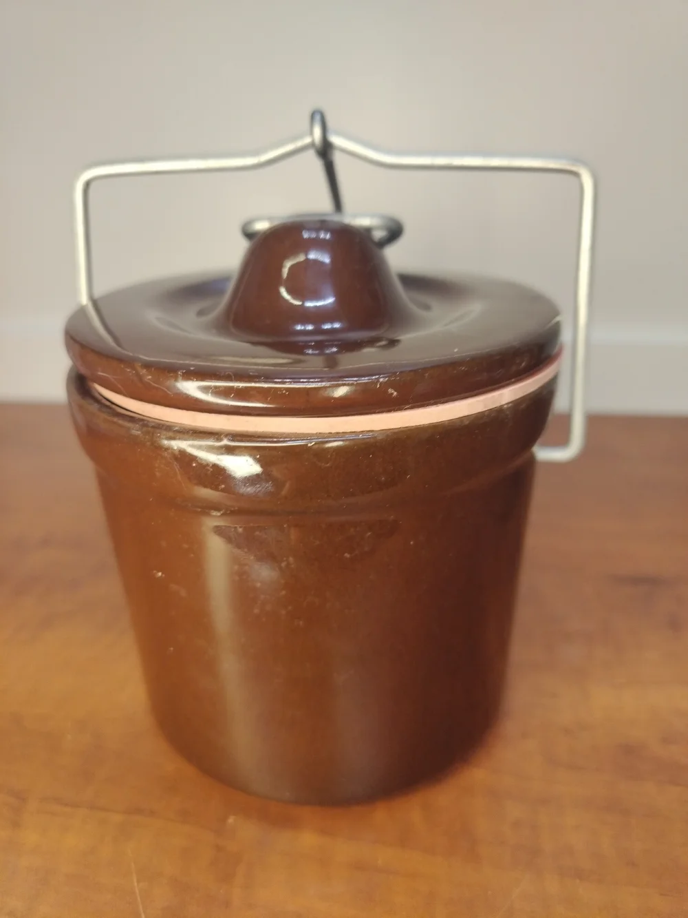 Vintage Brown Glazed Stoneware Cheese Crocks w/ Wire Bail Locking Lids & Gaskets